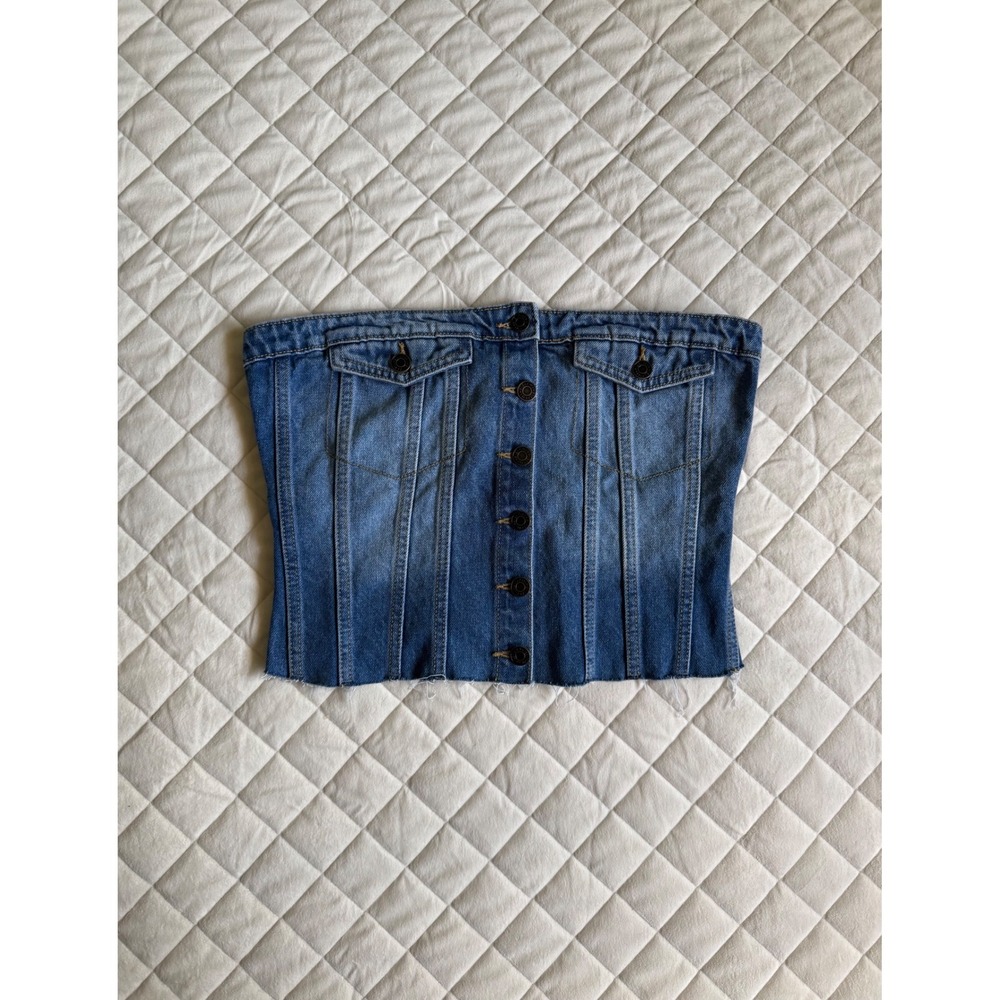Y2K‎ Pookie & Sebastian Blue Denim Tube Top Women's Sz L Strapless Button Front
